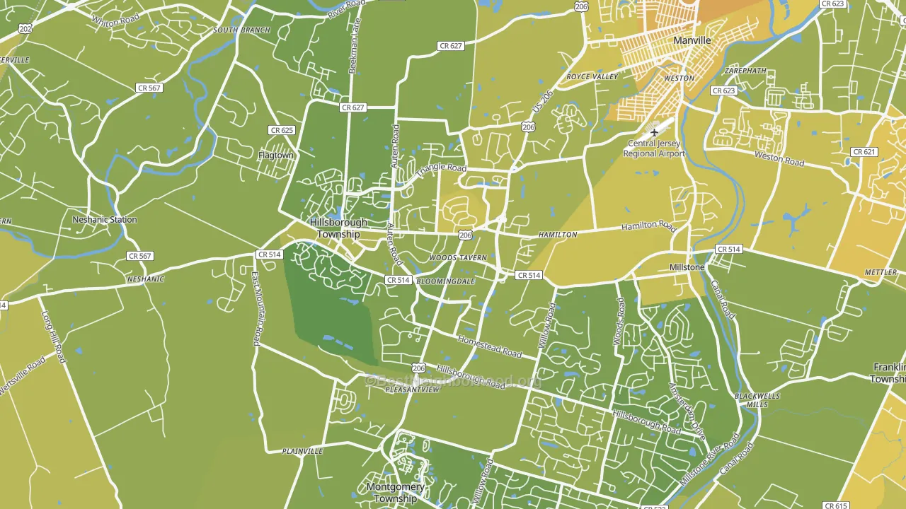 Map of the best neighborhoods in the 08844 area, with better matches in green and worse matches in red