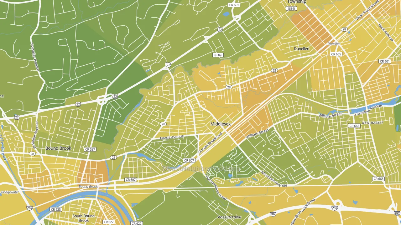 Map of the best neighborhoods in the 08846 area, with better matches in green and worse matches in red