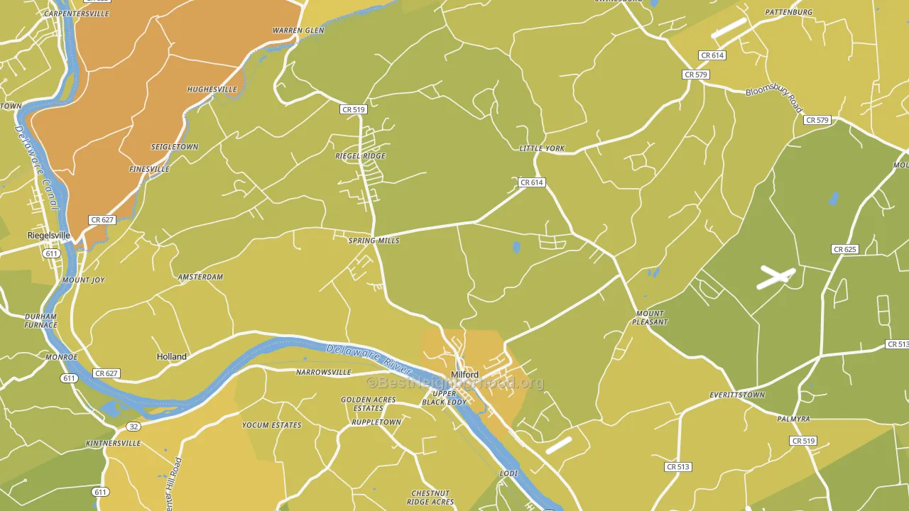 Map of the best neighborhoods in the 08848 area, with better matches in green and worse matches in red