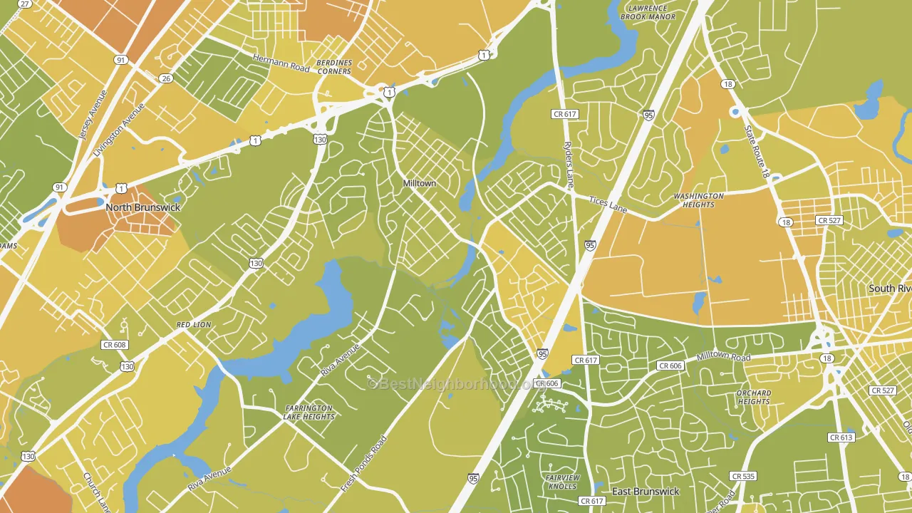 Map of the best neighborhoods in the 08850 area, with better matches in green and worse matches in red