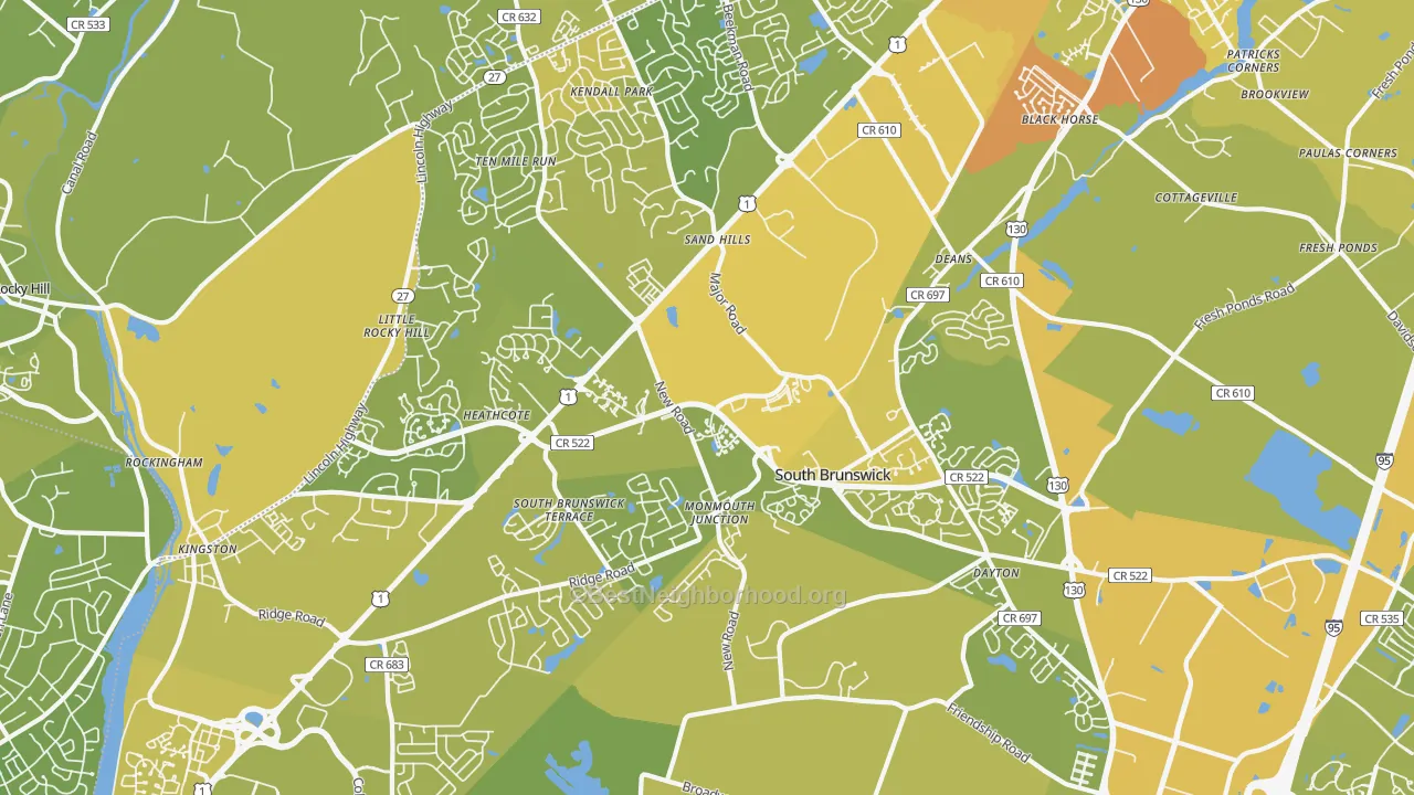 Map of the best neighborhoods in the 08852 area, with better matches in green and worse matches in red