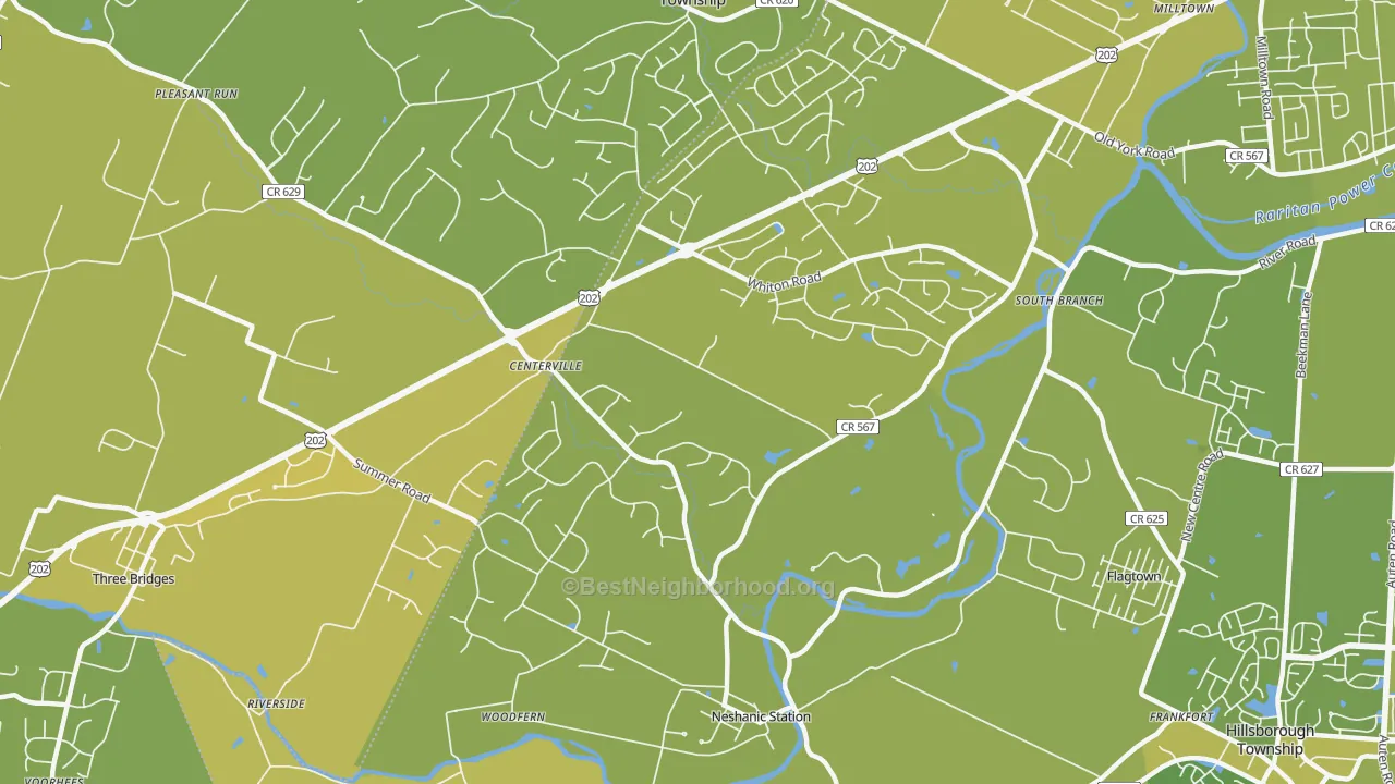 Map of the best neighborhoods in the 08853 area, with better matches in green and worse matches in red
