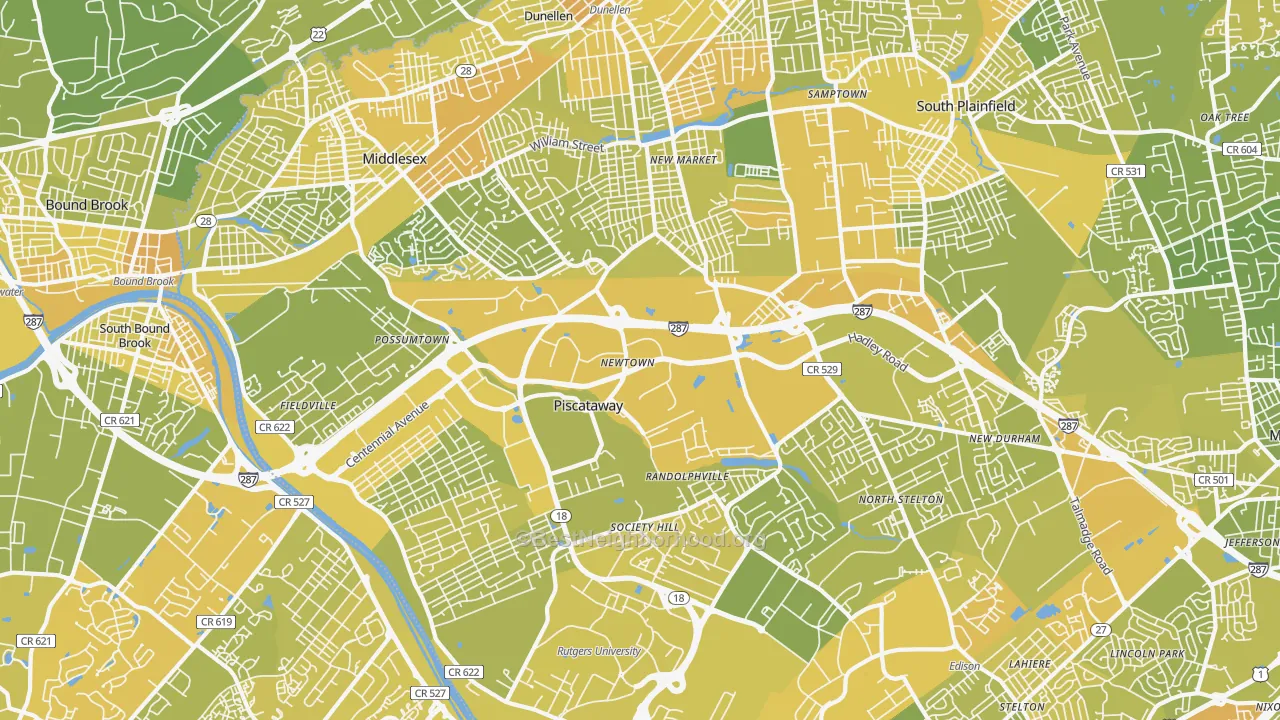 Map of the best neighborhoods in the 08854 area, with better matches in green and worse matches in red