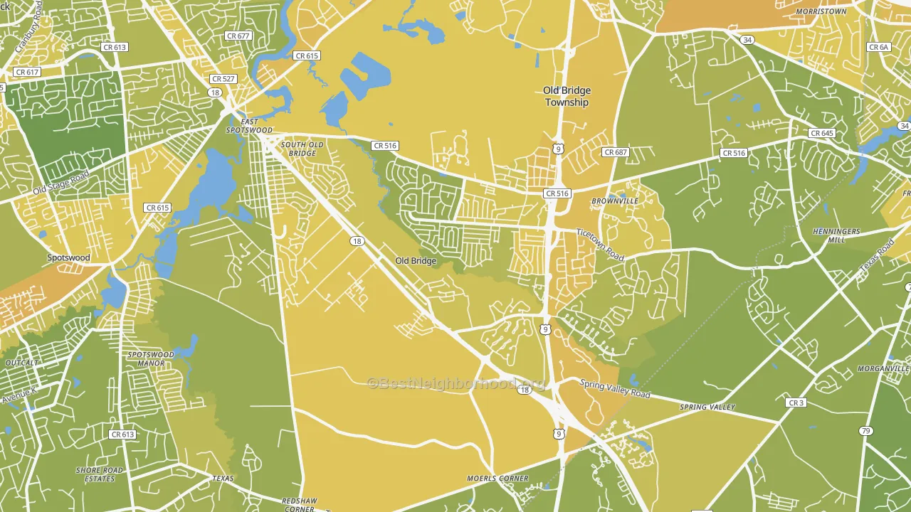 Map of the best neighborhoods in the 08857 area, with better matches in green and worse matches in red