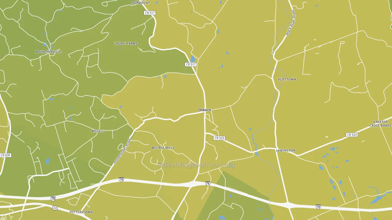 Map of the best neighborhoods in the 08858 area, with better matches in green and worse matches in red