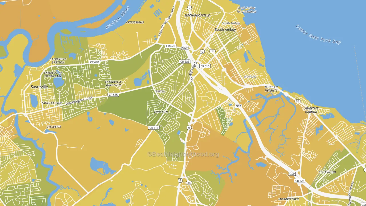 Map of the best neighborhoods in the 08859 area, with better matches in green and worse matches in red