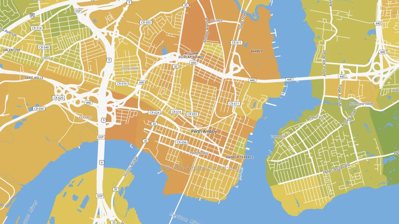 Map of the best neighborhoods in the 08861 area, with better matches in green and worse matches in red