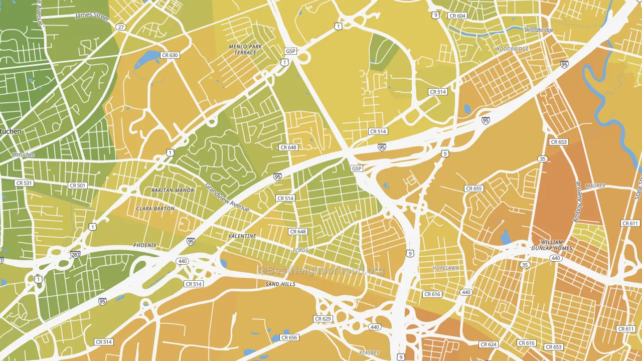 Map of the best neighborhoods in the 08863 area, with better matches in green and worse matches in red