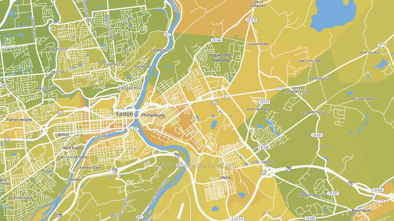 Map of the best neighborhoods in the 08865 area, with better matches in green and worse matches in red
