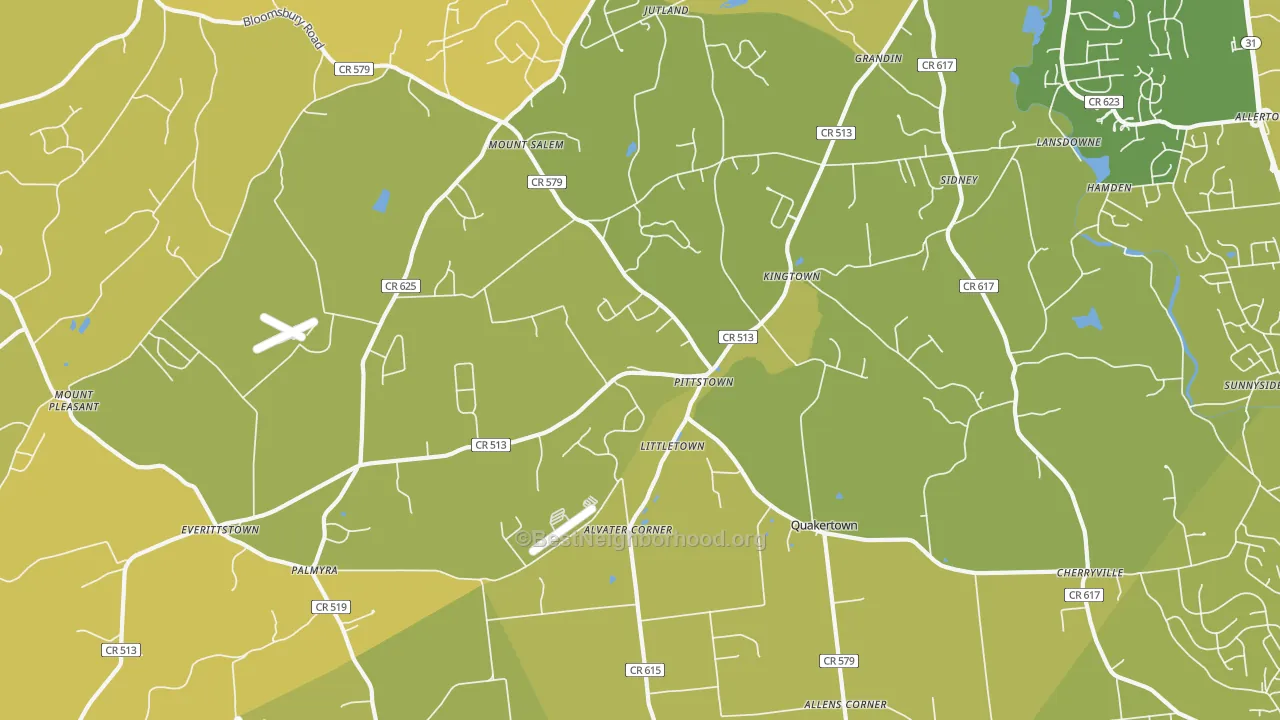 Map of the best neighborhoods in the 08867 area, with better matches in green and worse matches in red