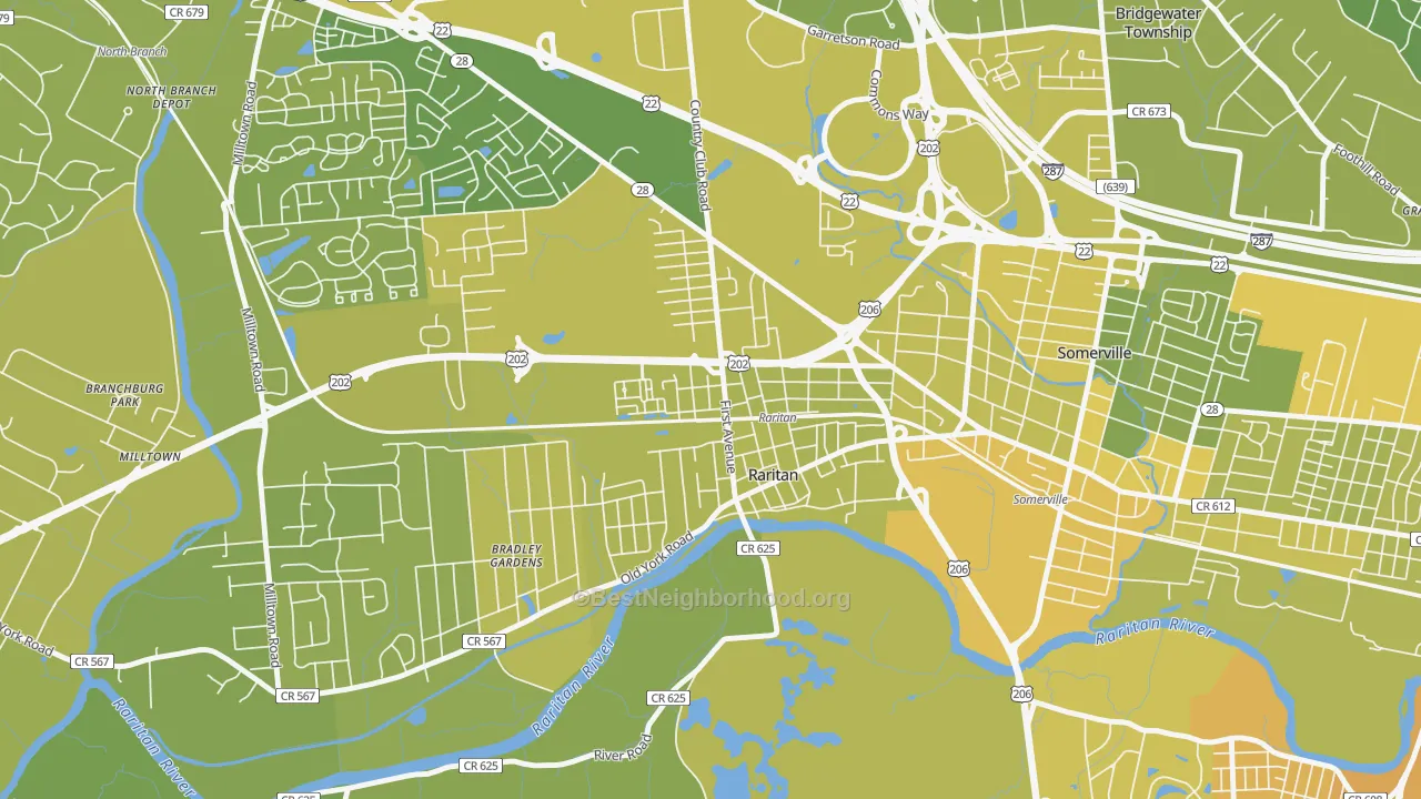Map of the best neighborhoods in the 08869 area, with better matches in green and worse matches in red