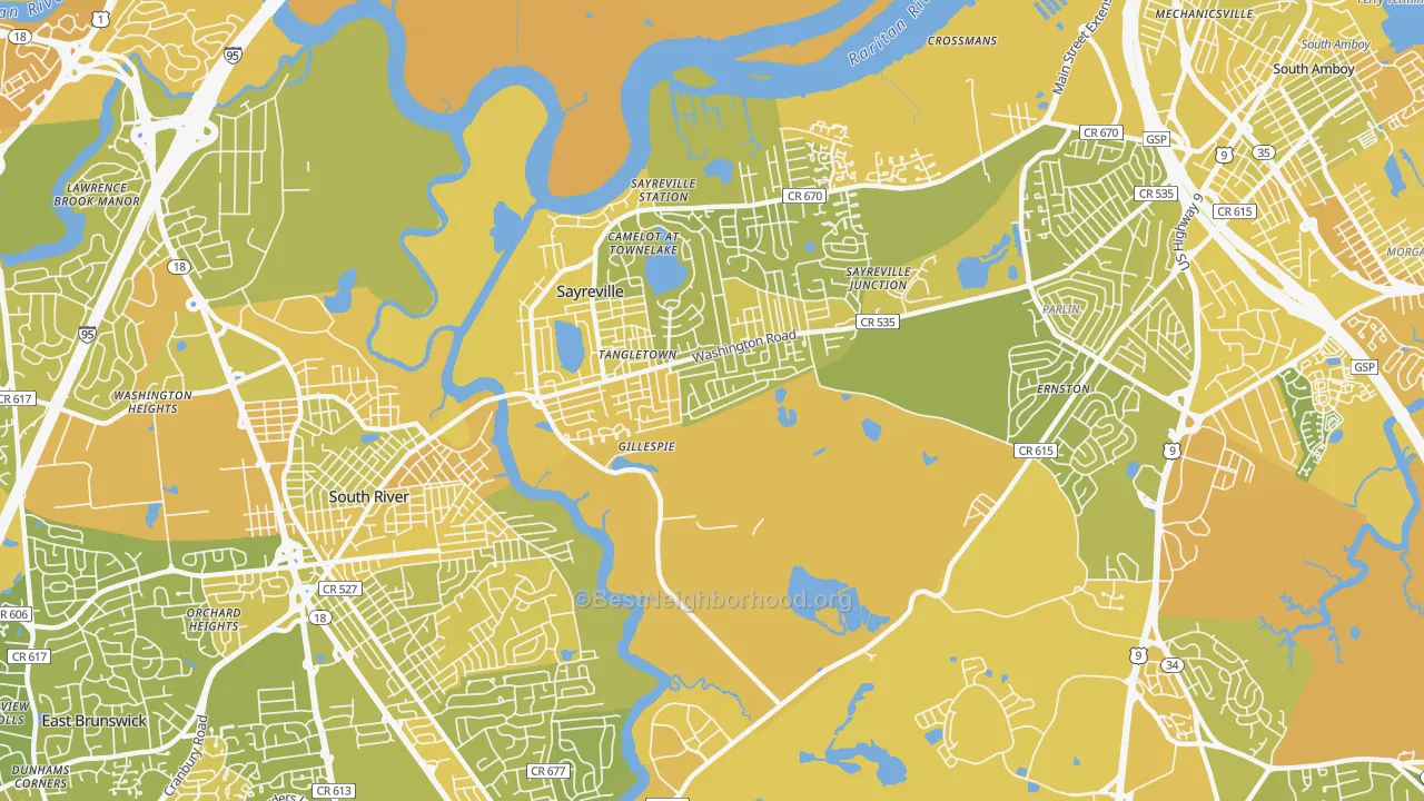 Map of the best neighborhoods in the 08872 area, with better matches in green and worse matches in red