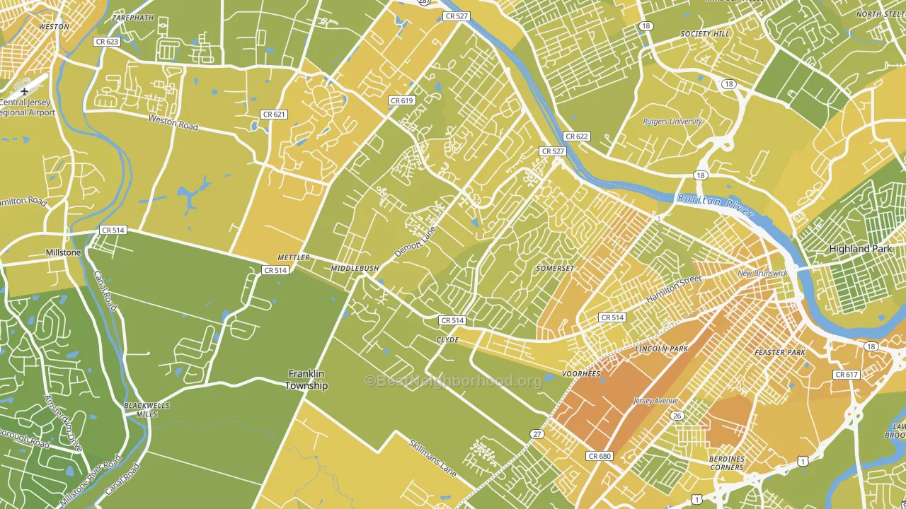Map of the best neighborhoods in the 08873 area, with better matches in green and worse matches in red