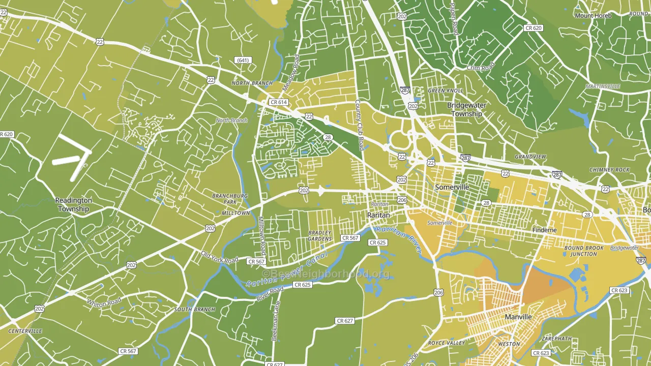Map of the best neighborhoods in the 08876 area, with better matches in green and worse matches in red