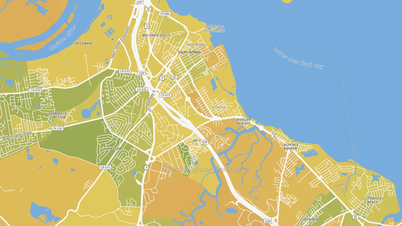 Map of the best neighborhoods in the 08879 area, with better matches in green and worse matches in red