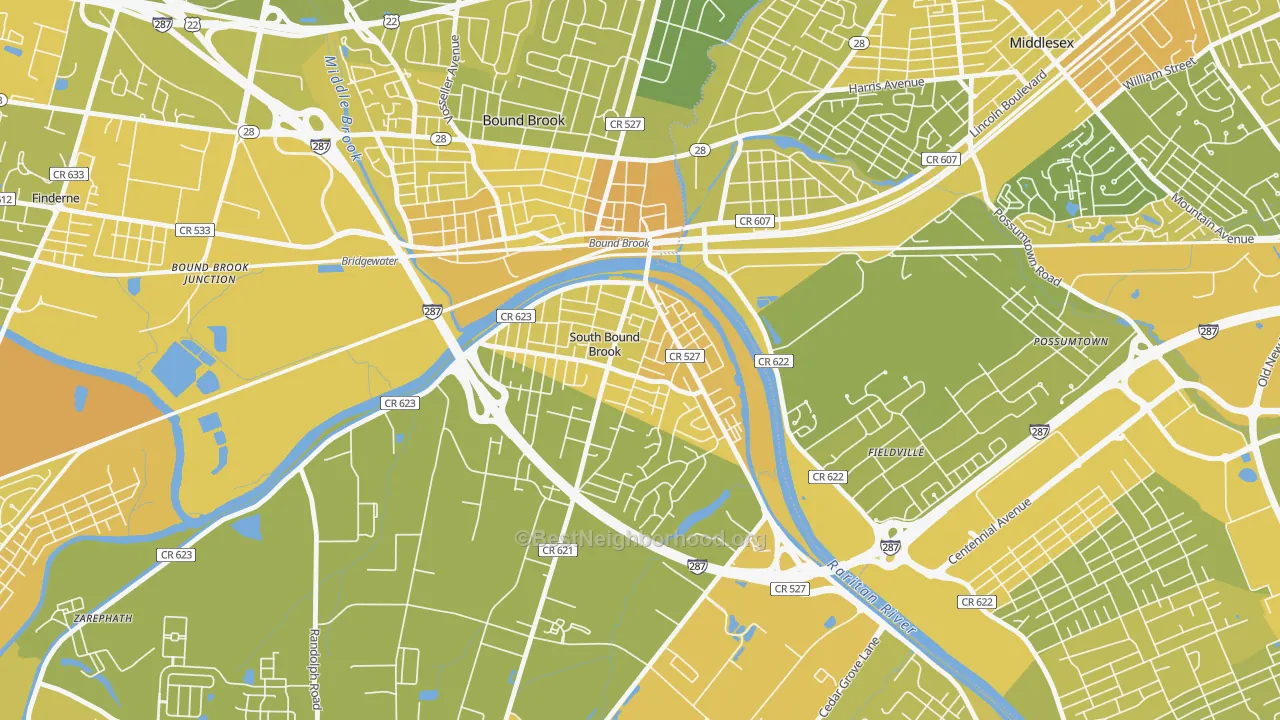Map of the best neighborhoods in the 08880 area, with better matches in green and worse matches in red
