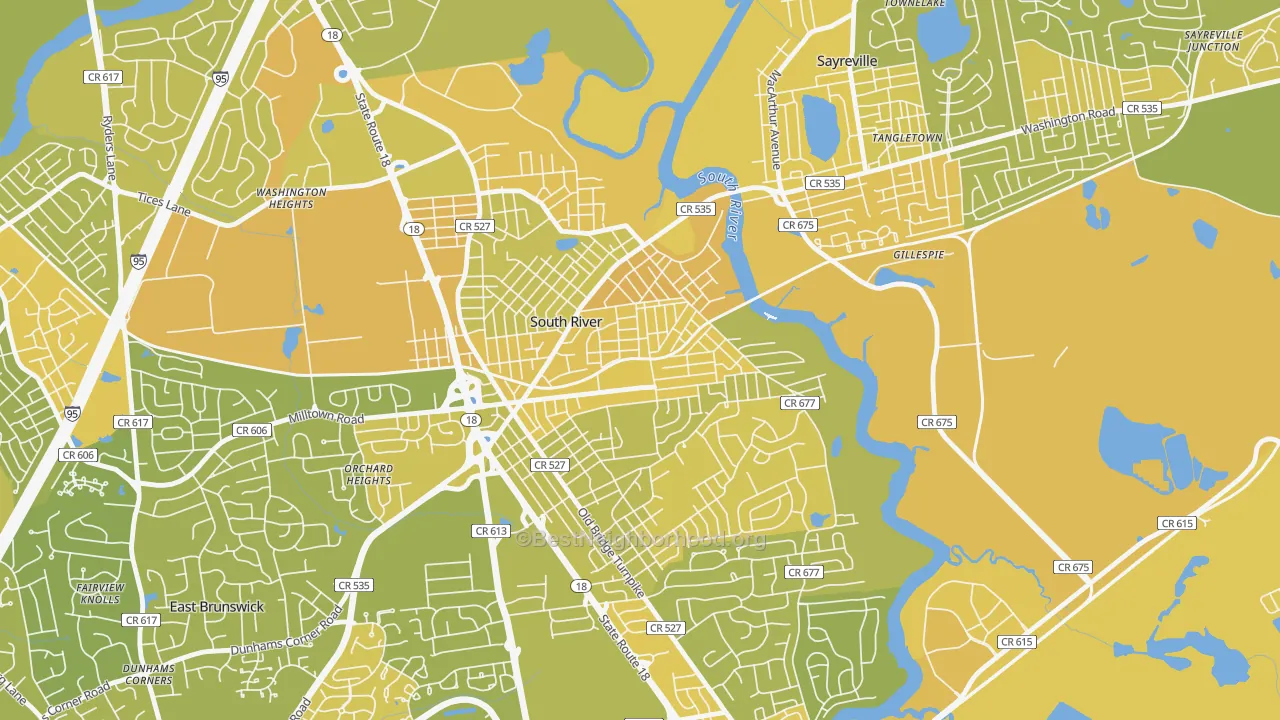 Map of the best neighborhoods in the 08882 area, with better matches in green and worse matches in red