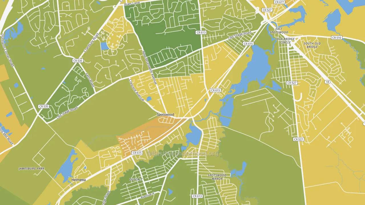Map of the best neighborhoods in the 08884 area, with better matches in green and worse matches in red