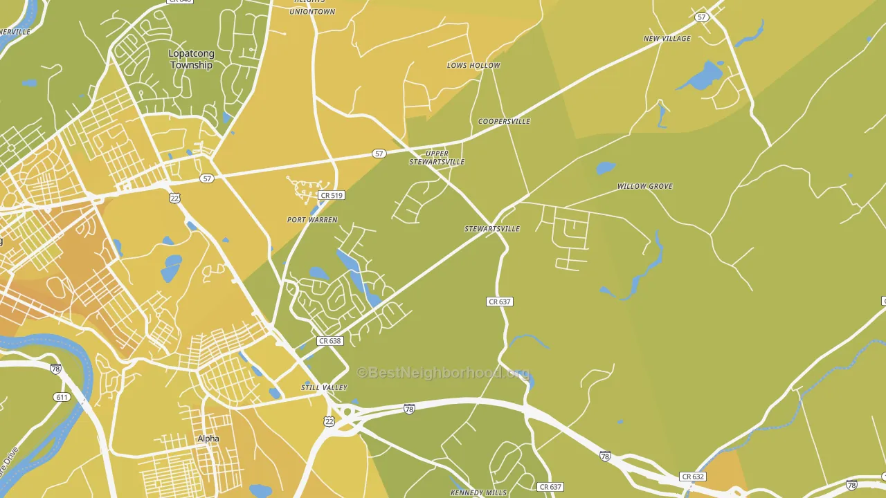 Map of the best neighborhoods in the 08886 area, with better matches in green and worse matches in red