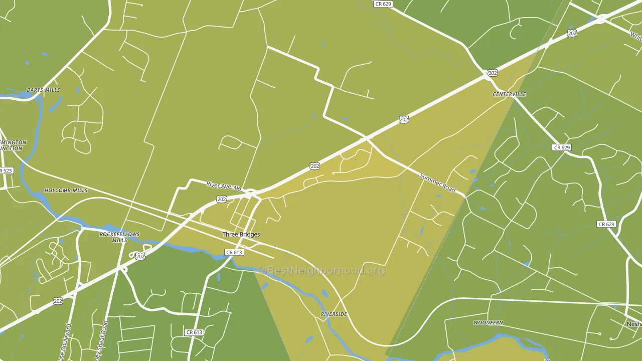 Map of the best neighborhoods in the 08887 area, with better matches in green and worse matches in red