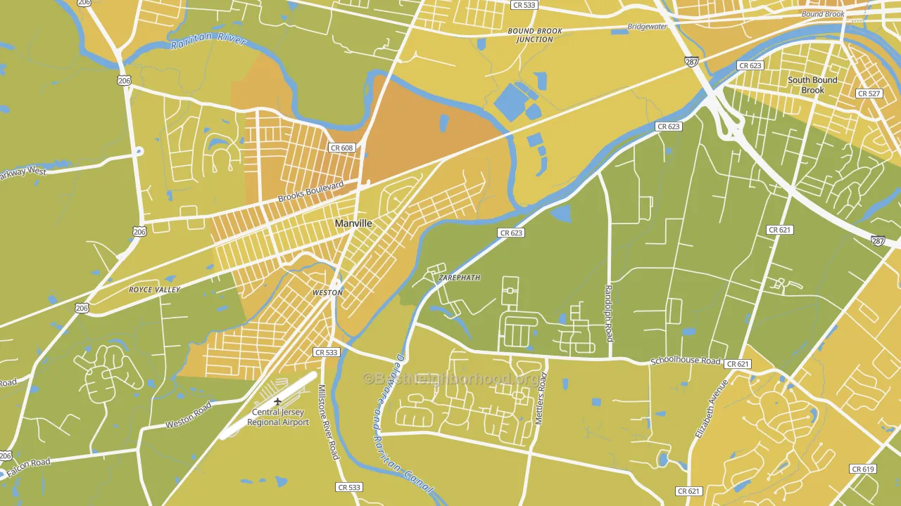 Map of the best neighborhoods in the 08890 area, with better matches in green and worse matches in red