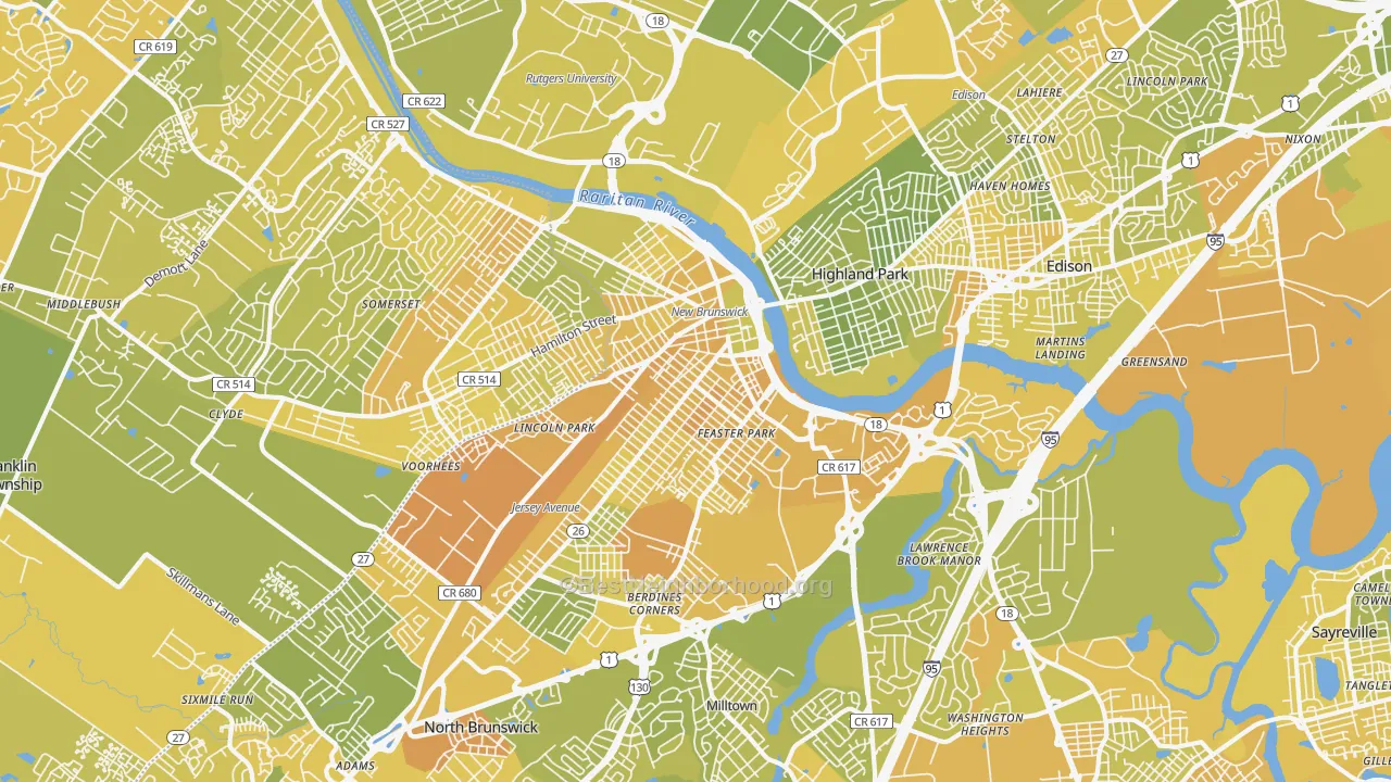 Map of the best neighborhoods in the 08901 area, with better matches in green and worse matches in red