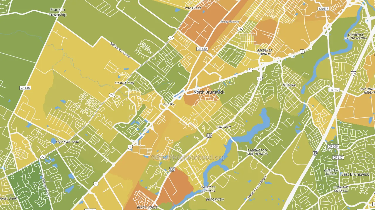 Map of the best neighborhoods in the 08902 area, with better matches in green and worse matches in red