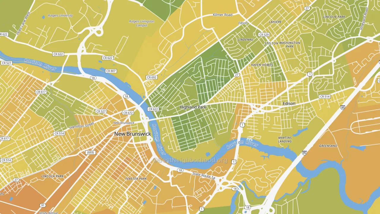 Map of the best neighborhoods in the 08904 area, with better matches in green and worse matches in red