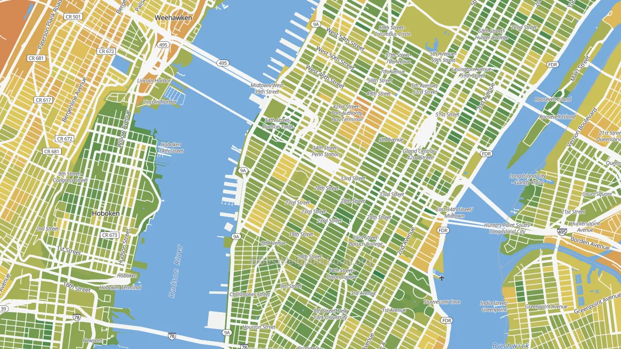 Map of the best neighborhoods in the 10001 area, with better matches in green and worse matches in red