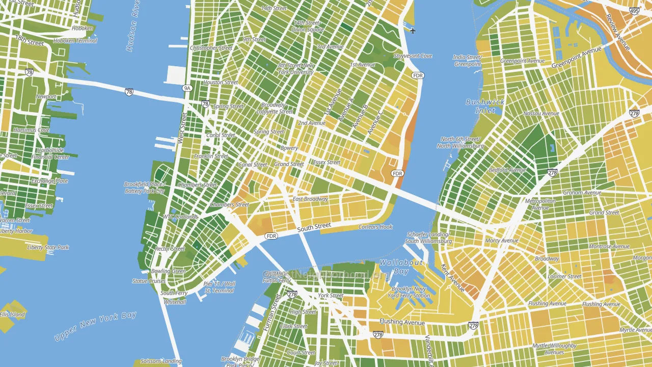 Map of the best neighborhoods in the 10002 area, with better matches in green and worse matches in red