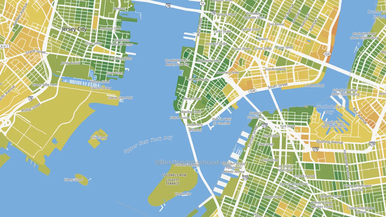 Map of the best neighborhoods in the 10004 area, with better matches in green and worse matches in red