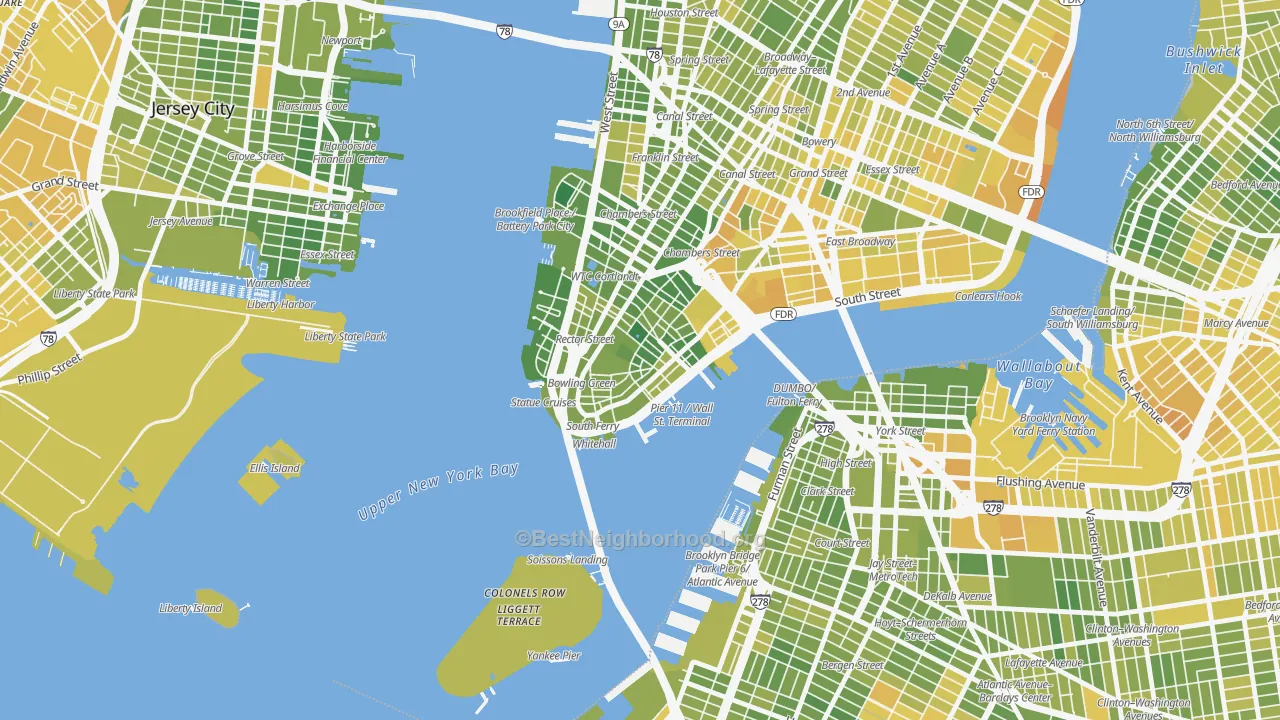 Map of the best neighborhoods in the 10005 area, with better matches in green and worse matches in red