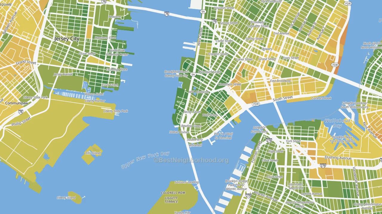 Map of the best neighborhoods in the 10006 area, with better matches in green and worse matches in red