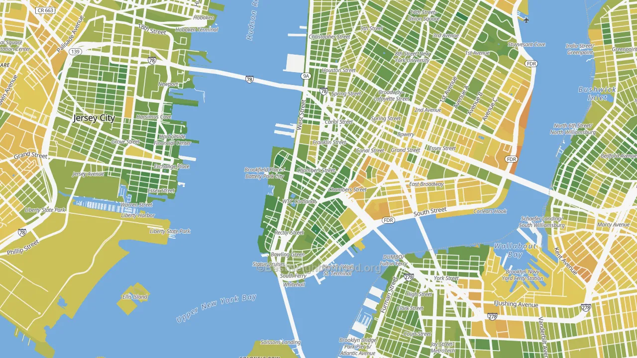 Map of the best neighborhoods in the 10007 area, with better matches in green and worse matches in red