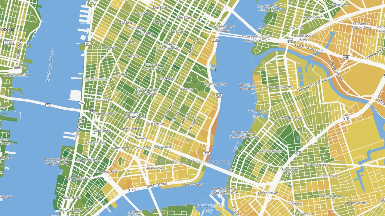 Map of the best neighborhoods in the 10009 area, with better matches in green and worse matches in red