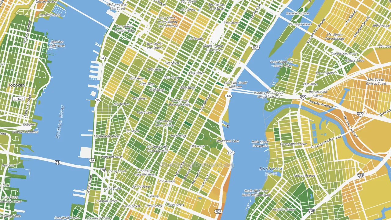 Map of the best neighborhoods in the 10010 area, with better matches in green and worse matches in red