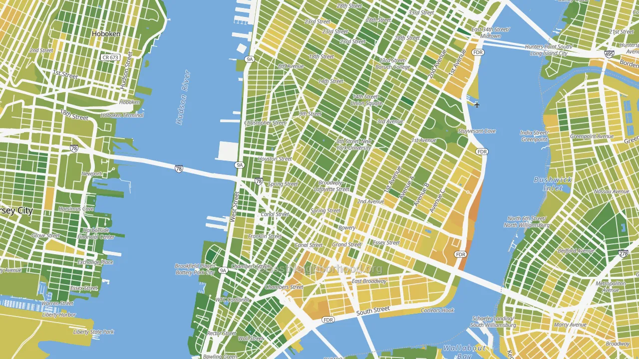 Map of the best neighborhoods in the 10012 area, with better matches in green and worse matches in red