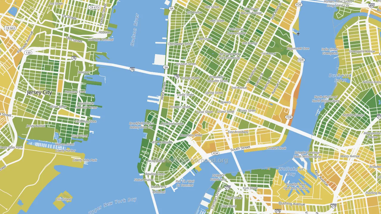 Map of the best neighborhoods in the 10013 area, with better matches in green and worse matches in red