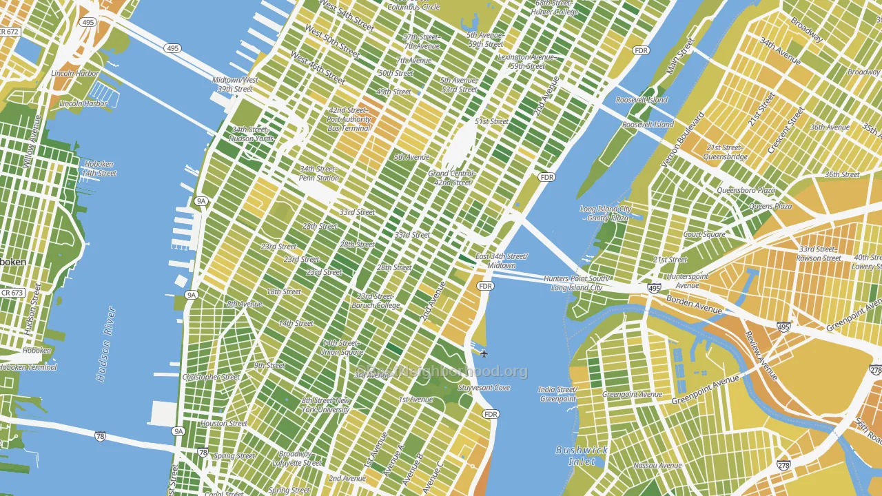 Map of the best neighborhoods in the 10016 area, with better matches in green and worse matches in red