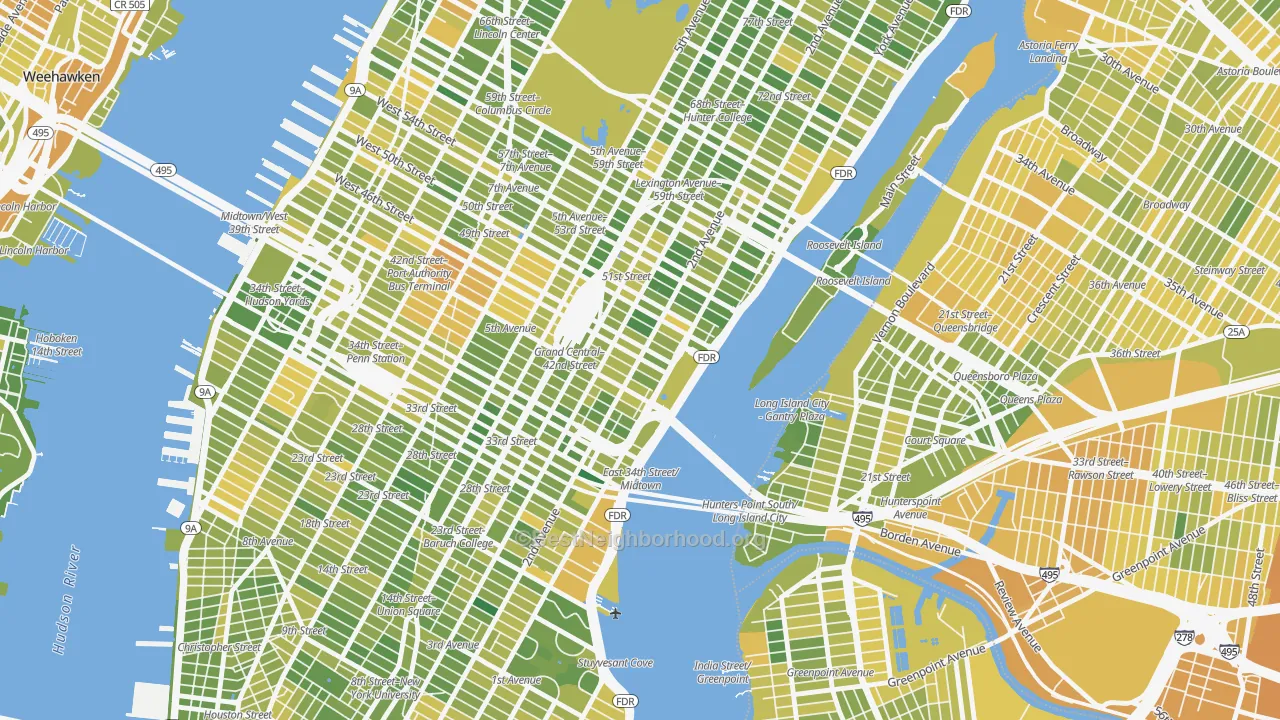Map of the best neighborhoods in the 10017 area, with better matches in green and worse matches in red