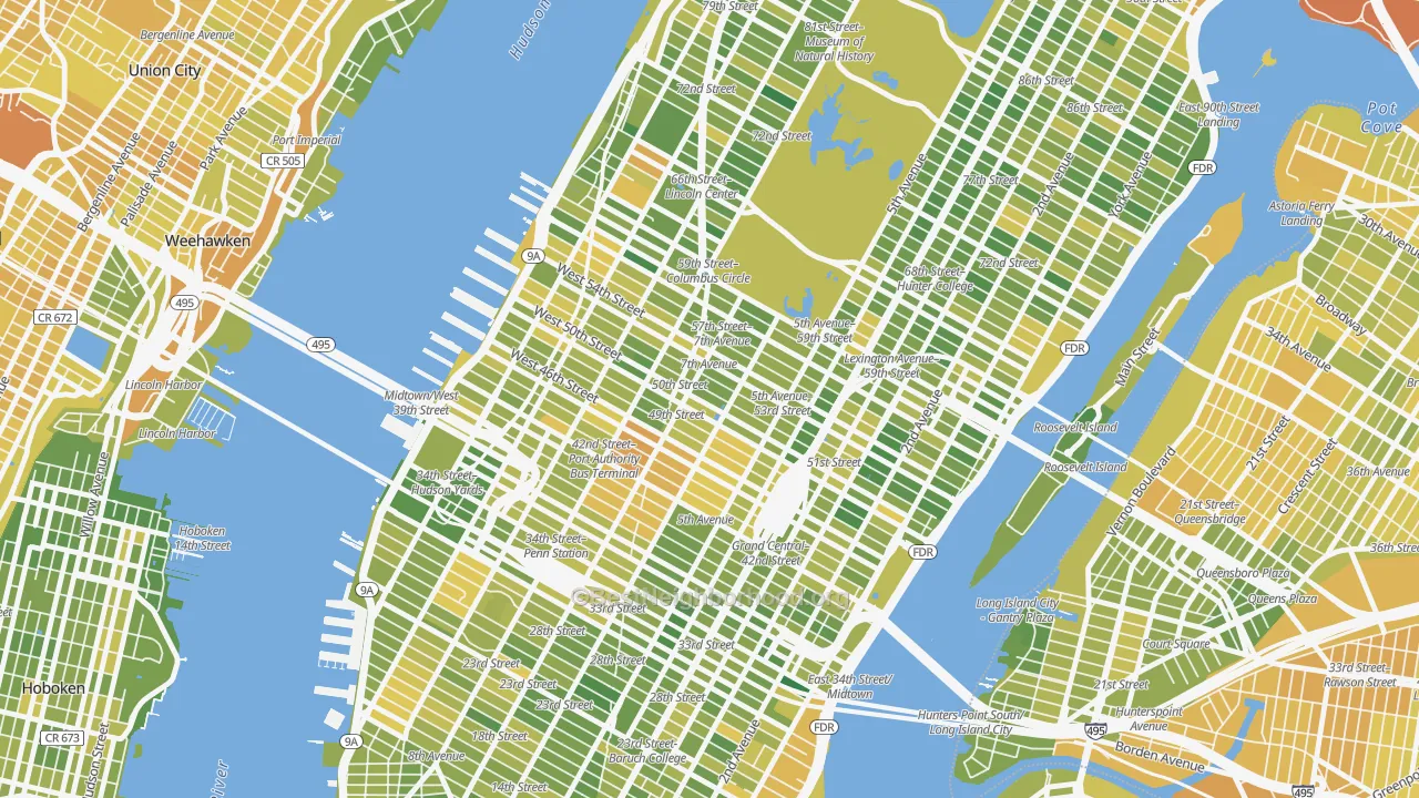 Map of the best neighborhoods in the 10020 area, with better matches in green and worse matches in red