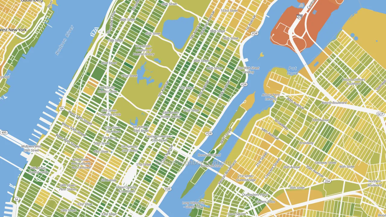 Map of the best neighborhoods in the 10021 area, with better matches in green and worse matches in red