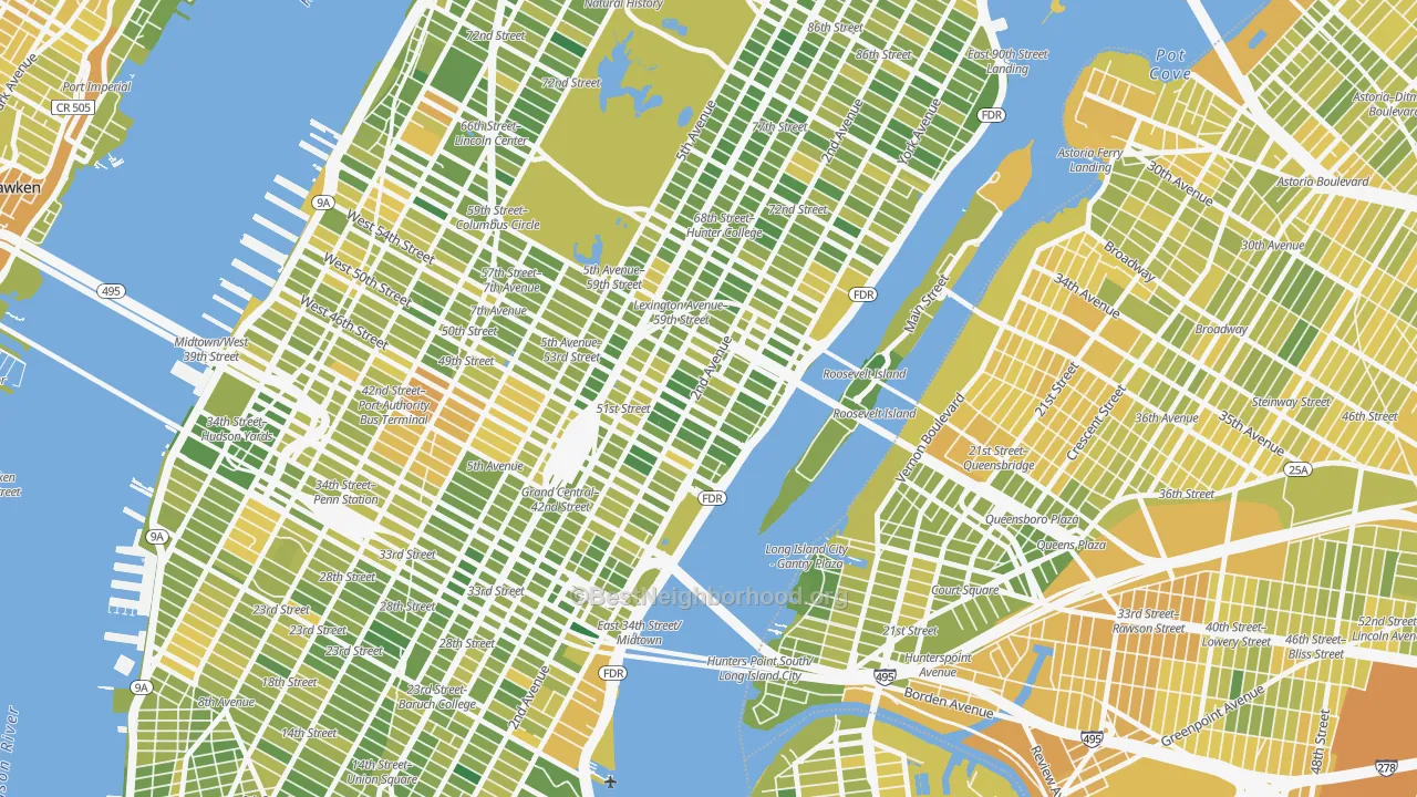 Map of the best neighborhoods in the 10022 area, with better matches in green and worse matches in red