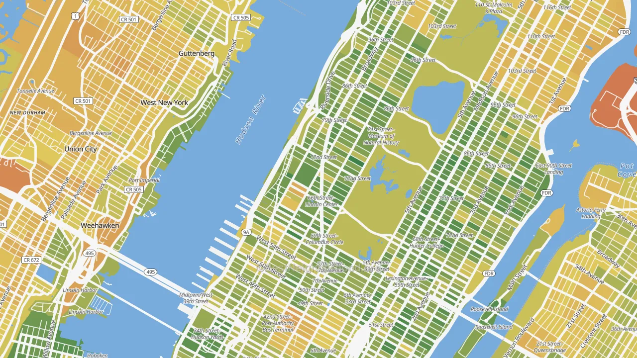 Map of the best neighborhoods in the 10023 area, with better matches in green and worse matches in red