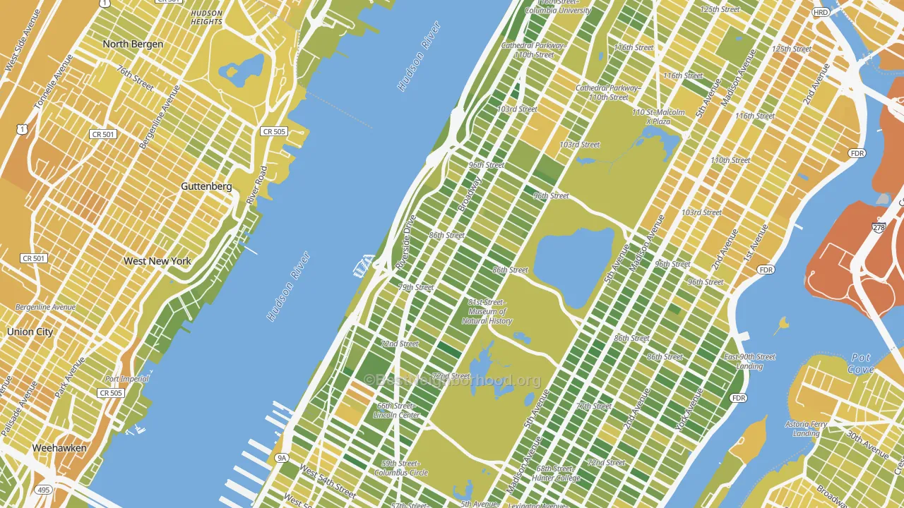 Map of the best neighborhoods in the 10024 area, with better matches in green and worse matches in red
