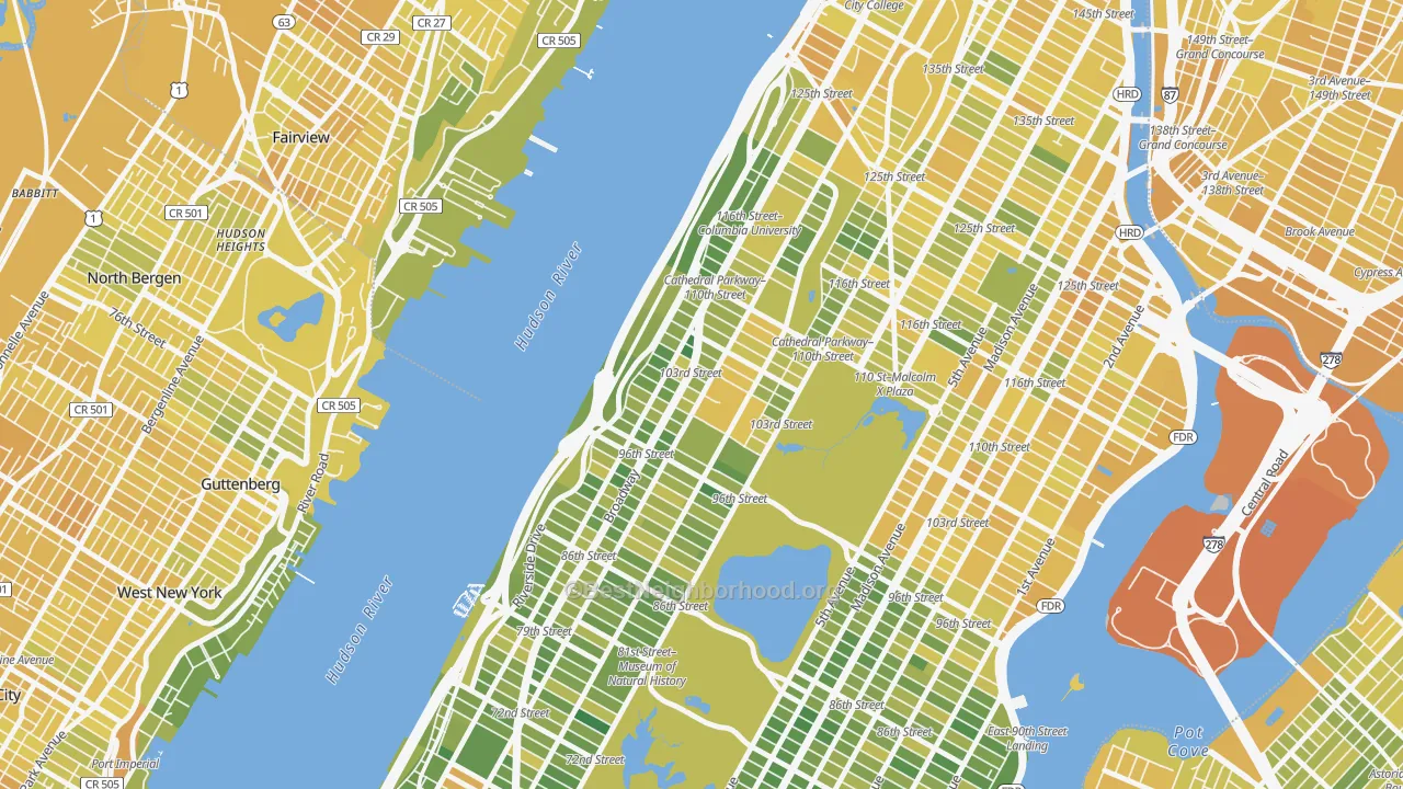 Map of the best neighborhoods in the 10025 area, with better matches in green and worse matches in red