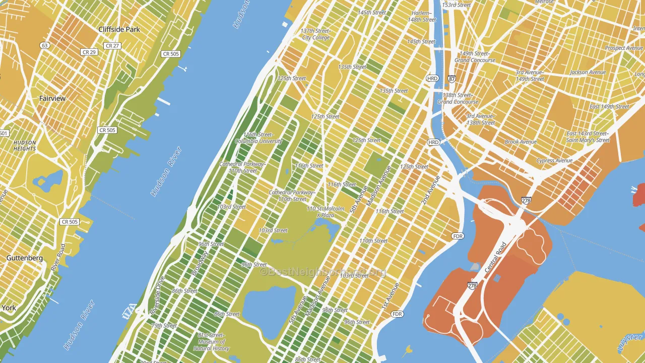 Map of the best neighborhoods in the 10026 area, with better matches in green and worse matches in red