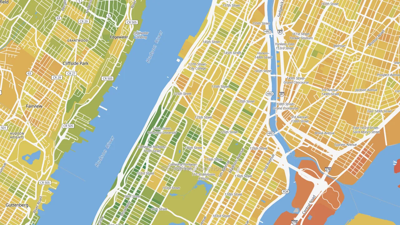 Map of the best neighborhoods in the 10027 area, with better matches in green and worse matches in red