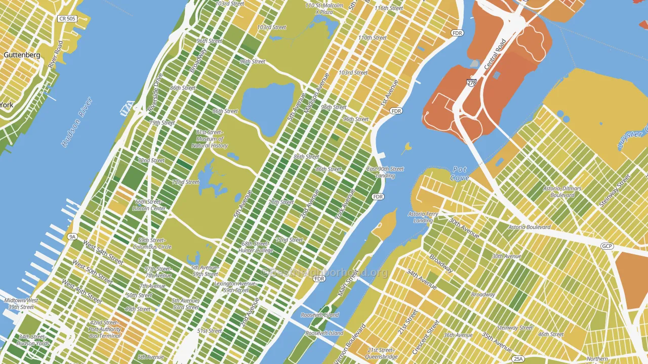 Map of the best neighborhoods in the 10028 area, with better matches in green and worse matches in red