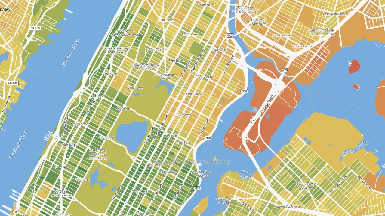 Map of the best neighborhoods in the 10029 area, with better matches in green and worse matches in red